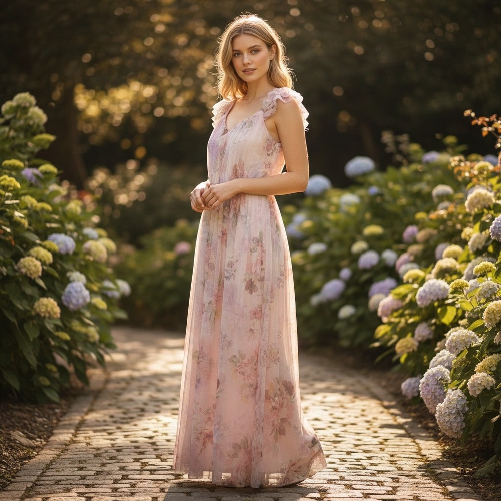 Candalite Maxi Dress Women's XL Pink Floral Glitter Tulle Ruffle V-Neck Fairy